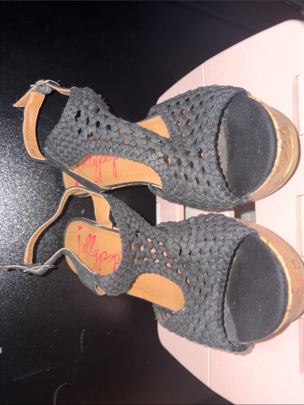 Jellypop Black Woven Cork-Look Wedge Sandals